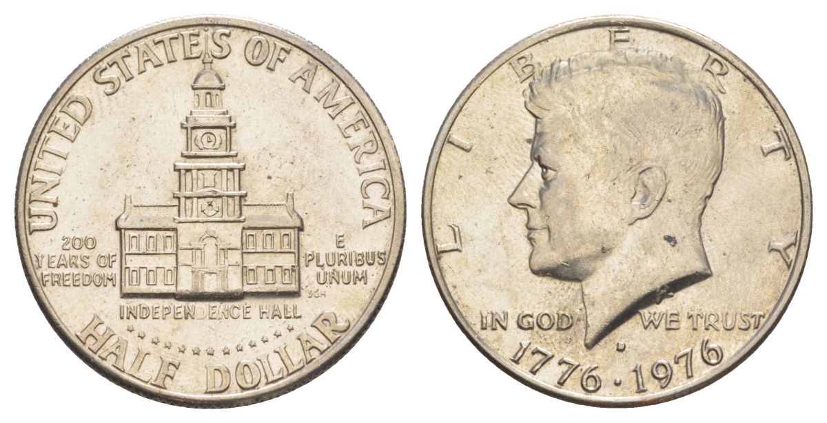 США 1/2 доллара (50 центов) 1976 D, 200 лет независимости, Джон Кеннеди KM 205 медь плакированная медно-никелем aUNC 4545-1245