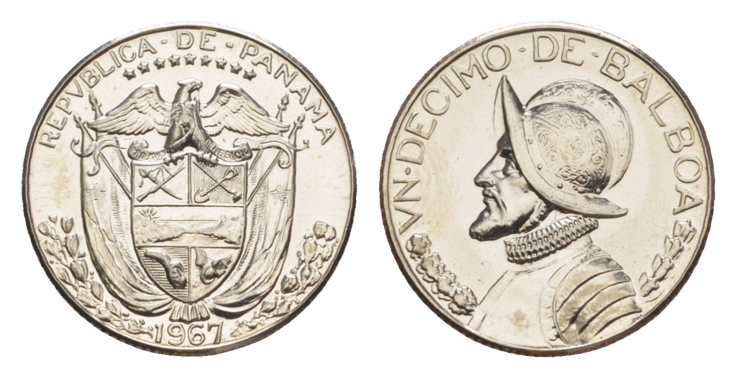 Панама 1/10 бальбоа (10 сентесимо) 1967 тираж 12.701 экземпляров KM 10 медь плакированная медно-никелем PROOF 1522-121