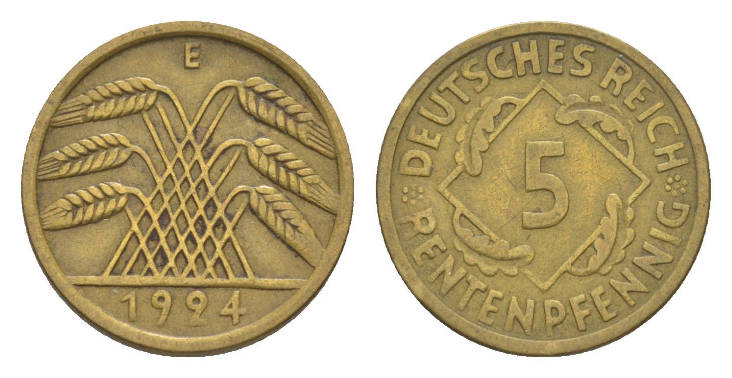 Германия 5 рентенпфеннигов 1924 E KM 32, J. 308 алюминиевая бронза 4636-445