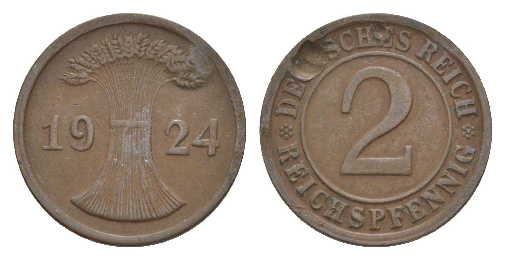Германия 2 рейхспфеннига 1924 G KM 38, J.314, Weege 4 медь 4639-1226