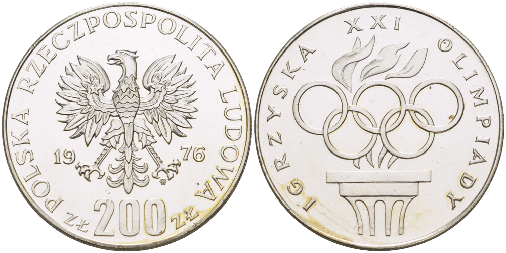 Польша 200 злотых 1976 MW, XXI олимпийские игры 1976 года в Монреале, кольца KM 86, Parchimowicz 306а серебро BUNC 1085-1-43