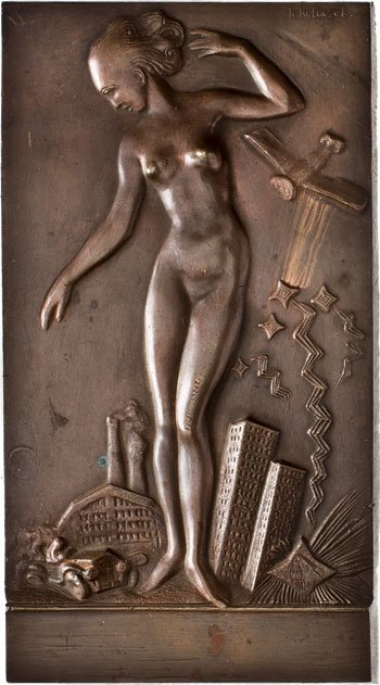 Саксония плакетка 1927 Университет Дрездена, обнаженная женщина, автомобиль, самолет,  92 x 170 мм, 180,59 гр бронза 1-4-4-17