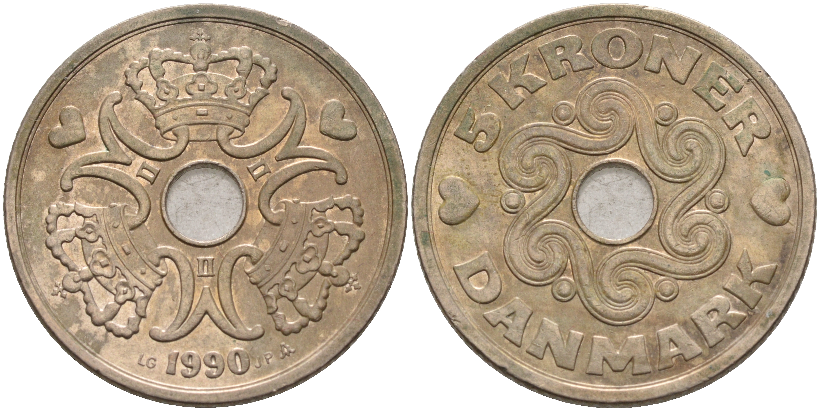 ДАНИЯ 5 КРОН 1990 LG; JP; A, МАРГРЕТЕ II (1972-) KM 869.1 медно-никель 75-333