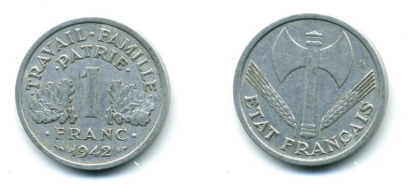 ФРАНЦИЯ 1 ФРАНК 1942 LB, ТИП LOURDЕ, ПРАВИТЕЛЬСТВО ВИШИ KM 902.1, LE FRANC 222.2 алюминий 84-437