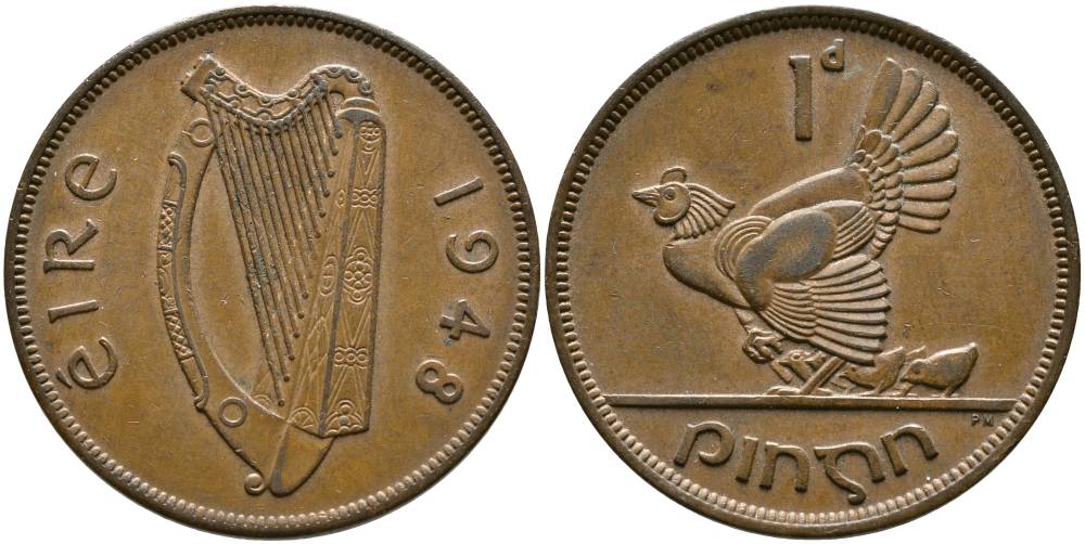 ИРЛАНДИЯ 1 ПЕННИ 1948 КУРИЦА С ЦЫПЛЯТАМИ KM 11 бронза 4531-645