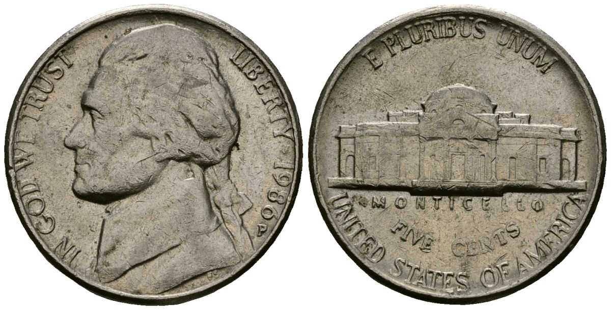 США 5 центов 1986 Джефферсон KM A192 медно-никель 4135-447