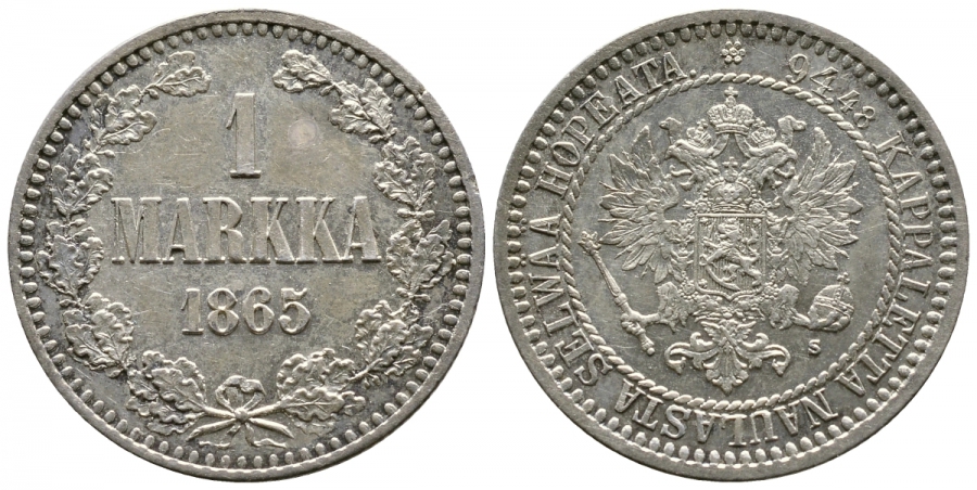 Россия для Финляндии 1 марка 1865 S, Александр II (1855-1881) Биткин 625, KM 3.1 серебро PROOF LIKE 10-016-23