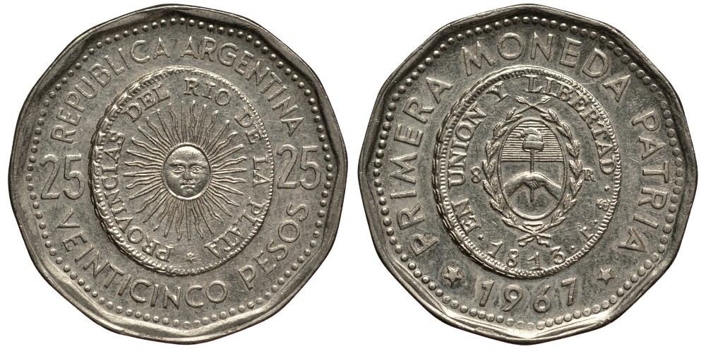 Аргентина 25 песо 1965 первая монета отчеканенная в Аргентине в 1813 году KM 61 сталь плакированная никелем 4185-533