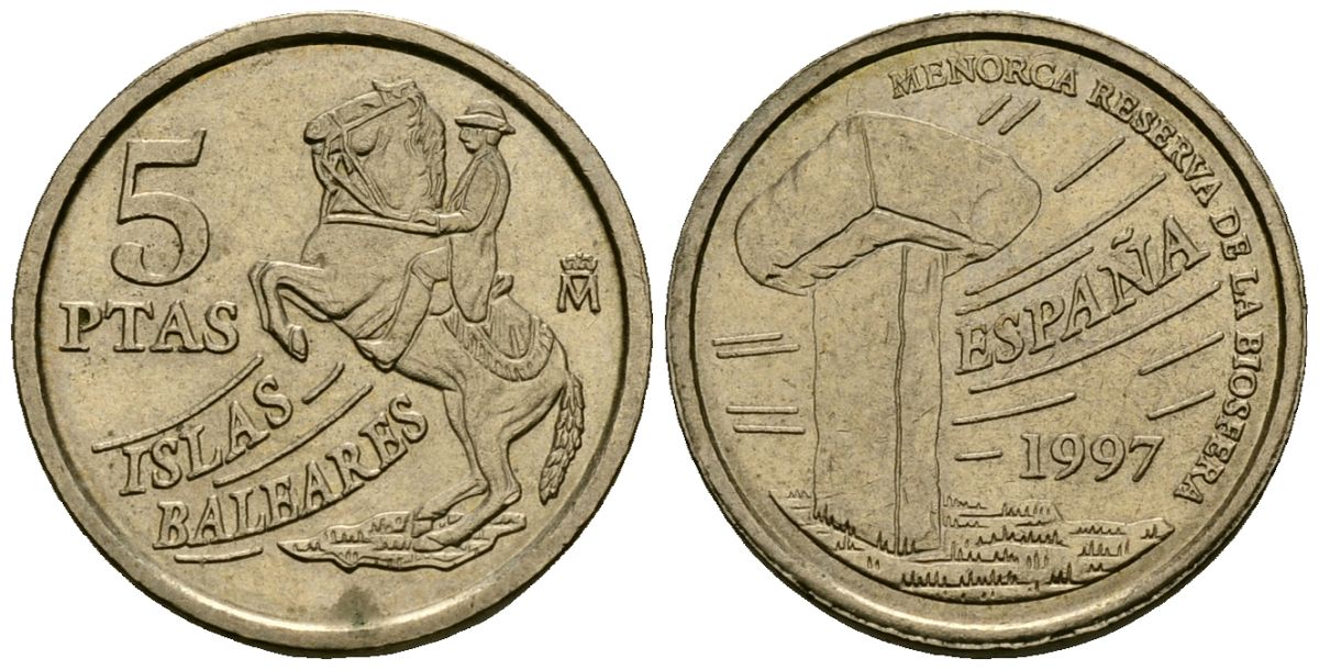 Испания 5 песет 1997 Хуан Карлос I (1975-2014), Балеарские острова, всадник KM 981 алюминиевая бронза 4136-1018