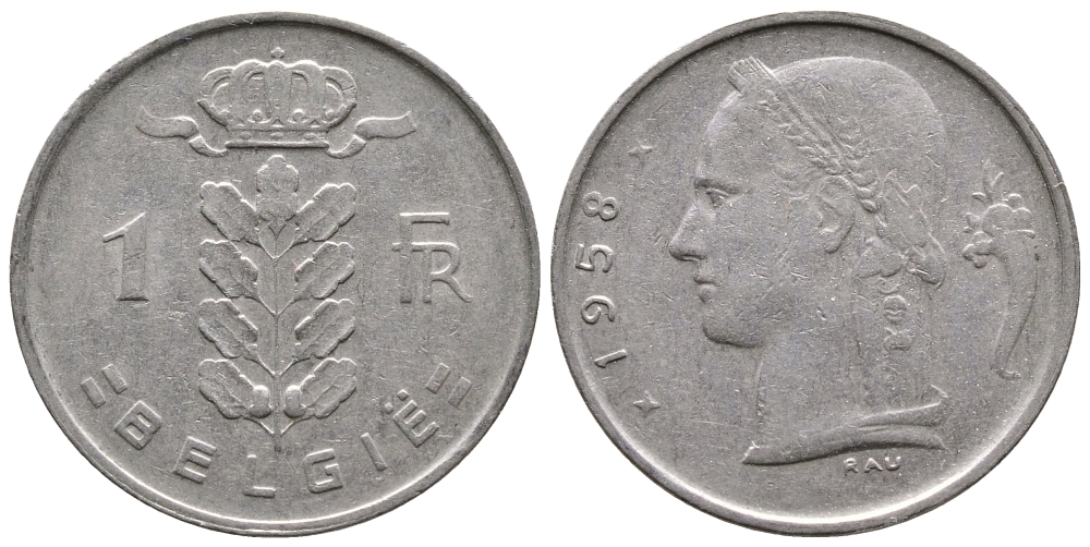 Бельгия 1 франк 1958 Belgie, Бодуэн I (1951-1993) KM 143.1 медно-никель 4622-321