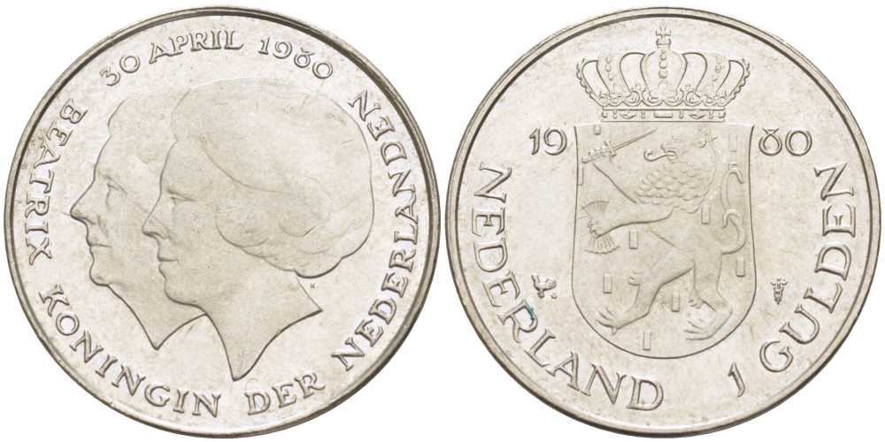 Нидерланды 1 гульден 1980 на коронацию Беатрикс, 30 апреля 1980 KM 200 никель 213-1242