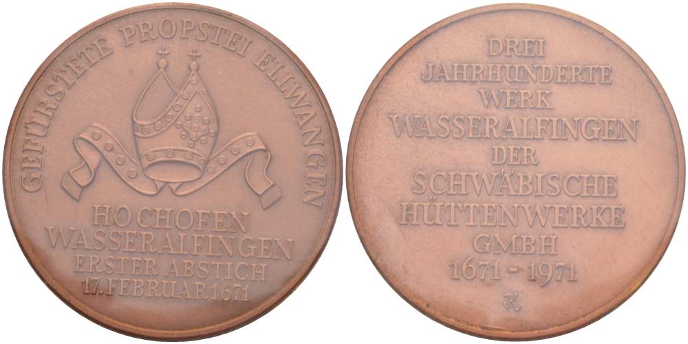 ГЕРМАНИЯ МЕДАЛЬ 1971 300 ЛЕТ ОСНОВАНИЯ ПРОИЗВОДСТВА SCHWABISCHE H?TTENWERKE GMBH 91671-1971), ЗАПАЙКА, ДИАМЕТР жёлтый металл 1082-10-33