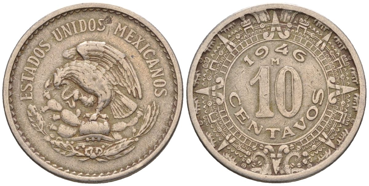 Мексика 10 сентаво 1946 KM 432, Schoen 36 медно-никель 4116-1227