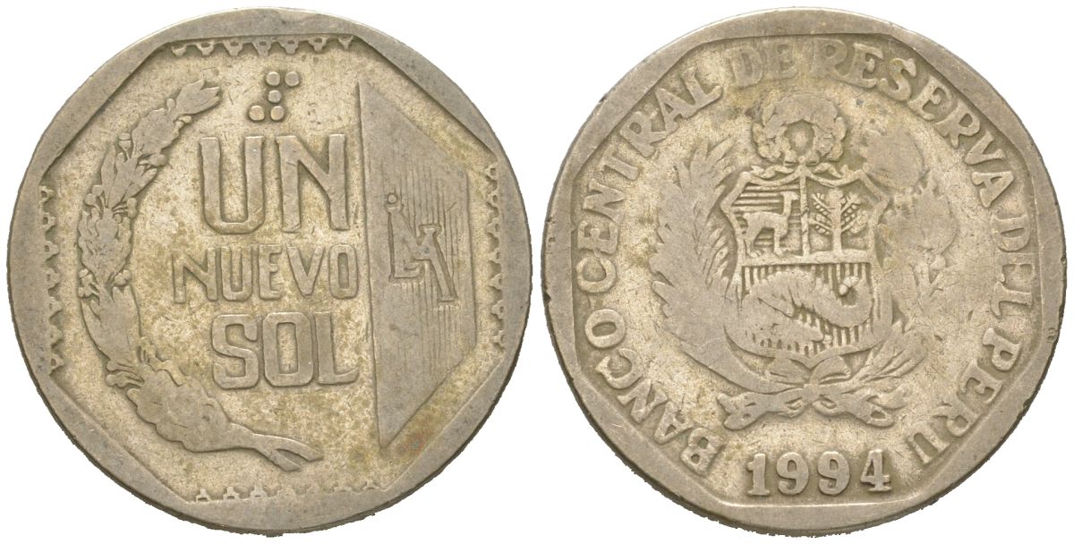 Перу 1 новый соль 1994 KM 308 медно-никель 4616-1124