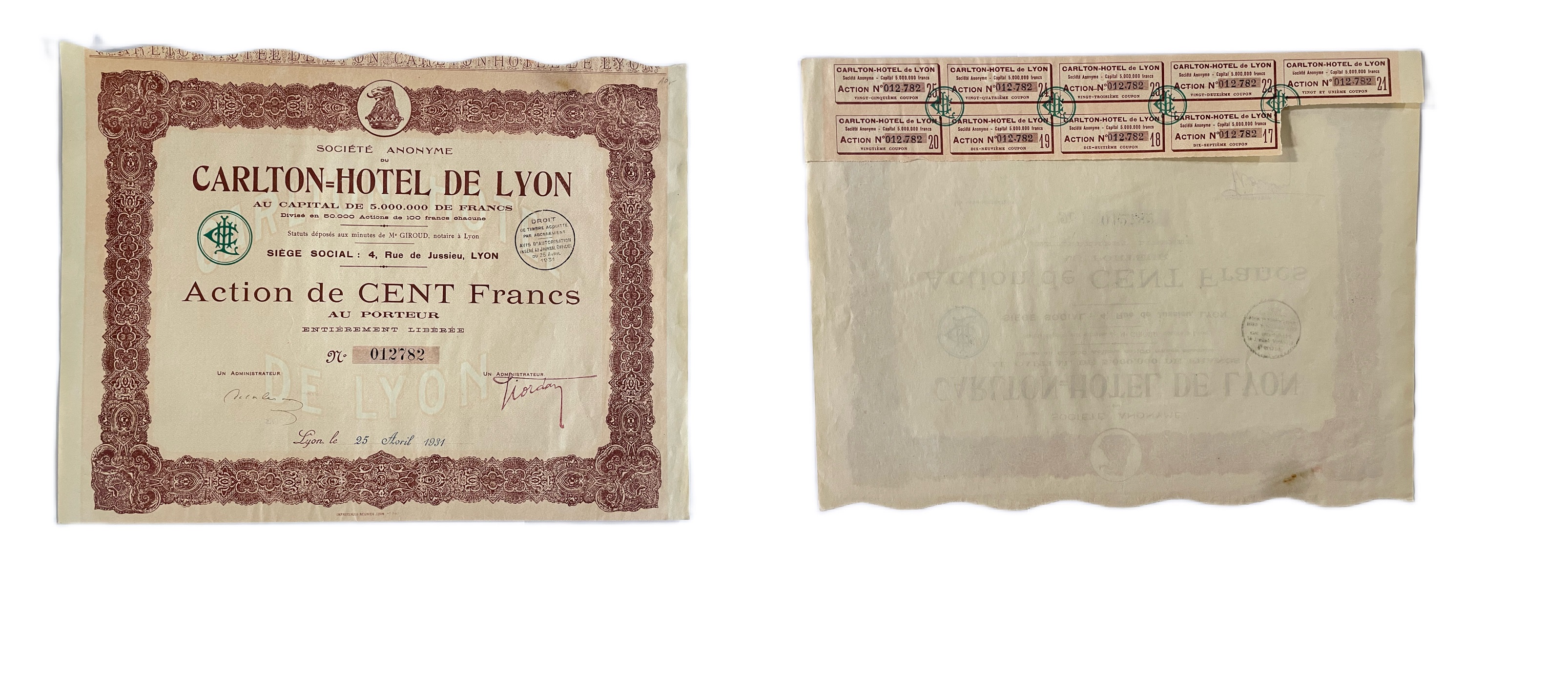 Франция, отель Carlton в Лионе акция в 100 франков 1931 9 купонов бумага 48-78-1-2