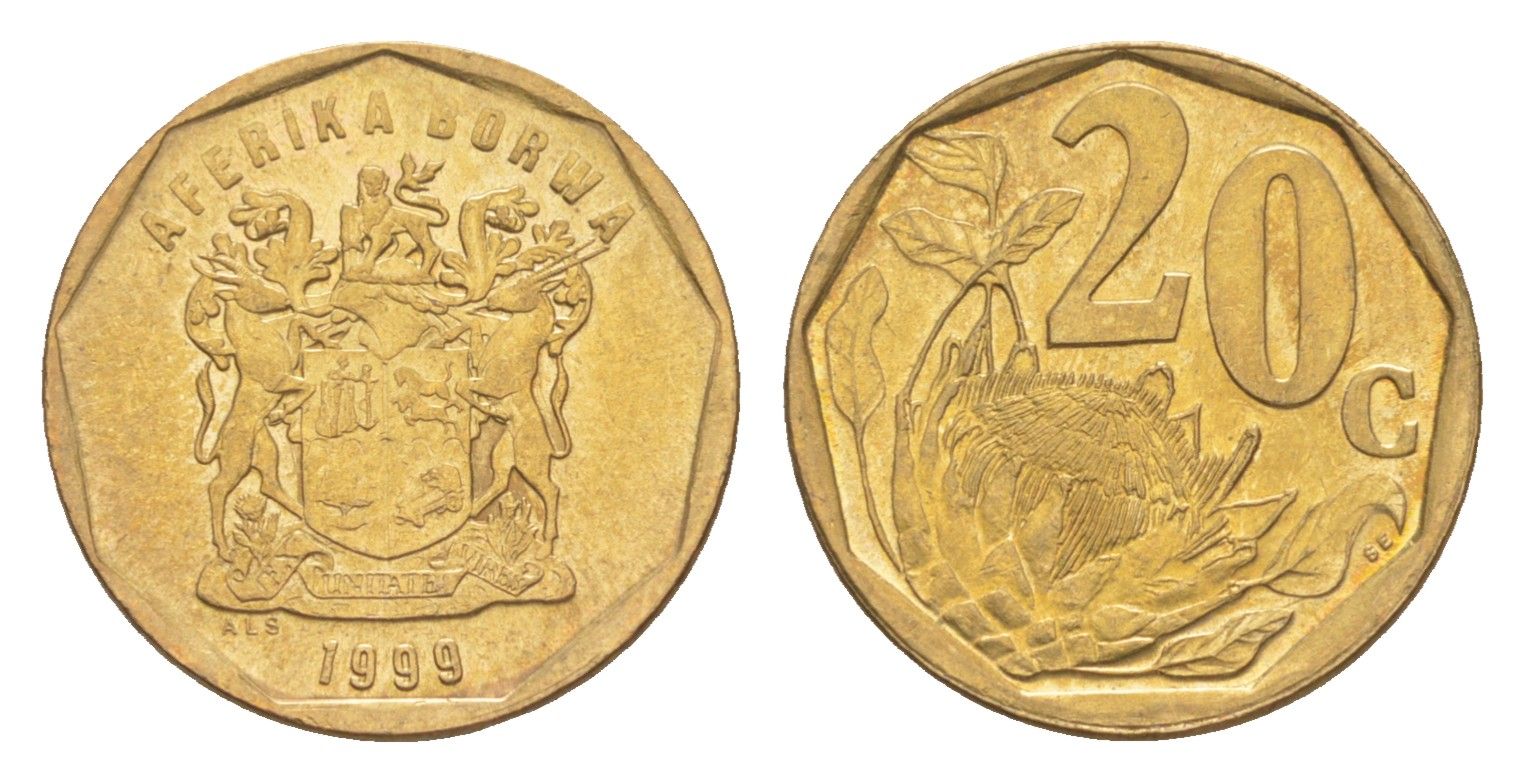 ЮАР 20 центов 1999 герб, цветок протея KM 162 сталь плакированная бронзой UNC 4618-561