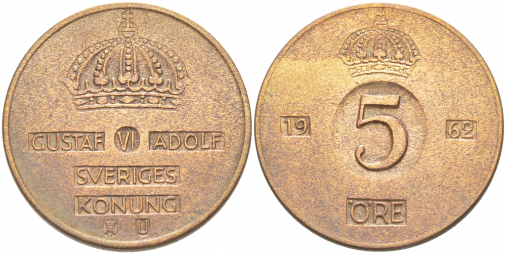 Швеция 5 эре 1962 U Густав VI Адольф (1950-1973) KM 822 бронза 77-527