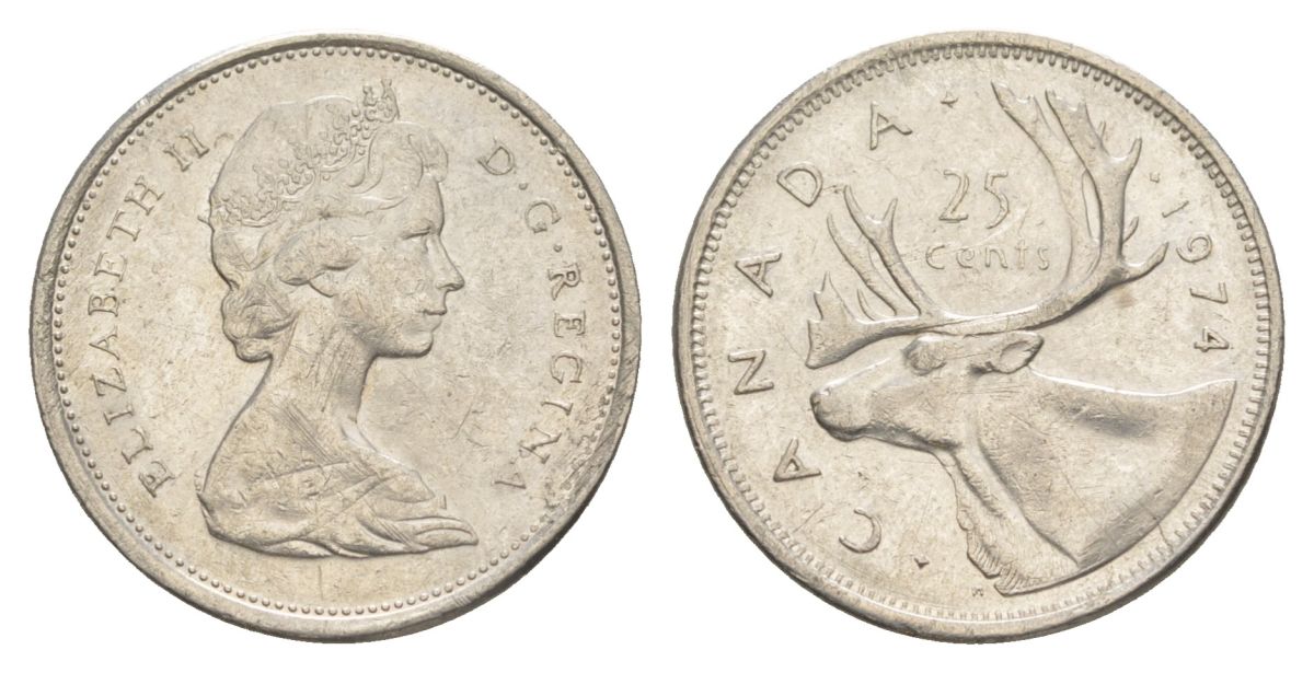 Канада 25 центов 1974 Елизавета II (1952-2022), олень KM 62b никель 4631-1045