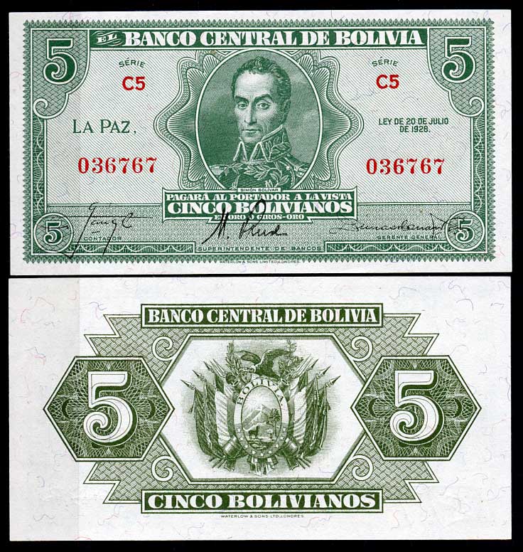 Боливия 5 боливиано 1928 Симон Боливар, серия C5 Pick 129 (2)  бумага  UNC (пресс) 447-87-1