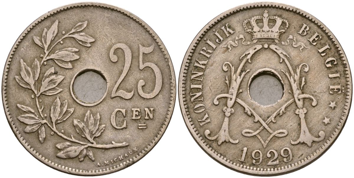 Бельгия 25 сантимов 1929 KM 69 медно-никель 4165-411