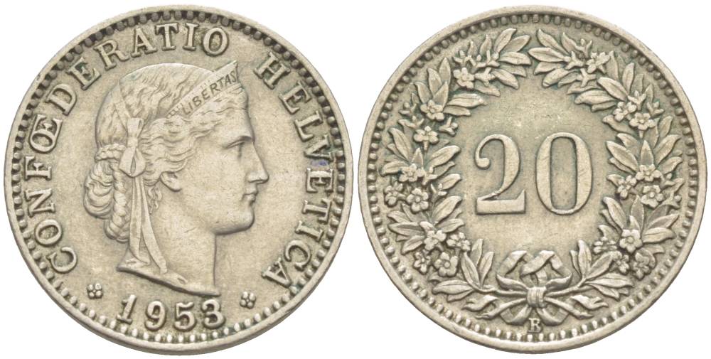 ШВЕЙЦАРИЯ 20 РАППЕНОВ 1953 В KM 29а медно-никель 4511-916
