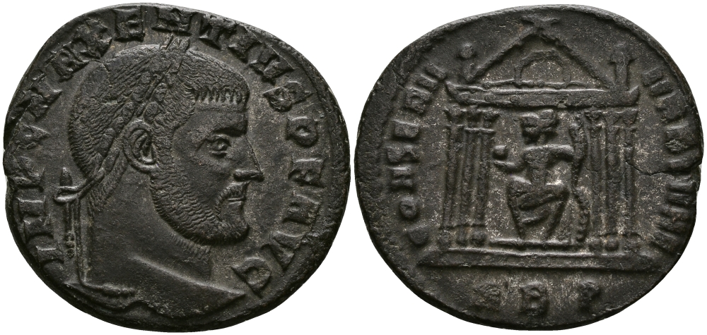 Римская Империя нуммий 308 - 310 Максенций CONSERV VRB SVAE храм Ромы Рим Very fine RIC 210 бронза 1073-10-17