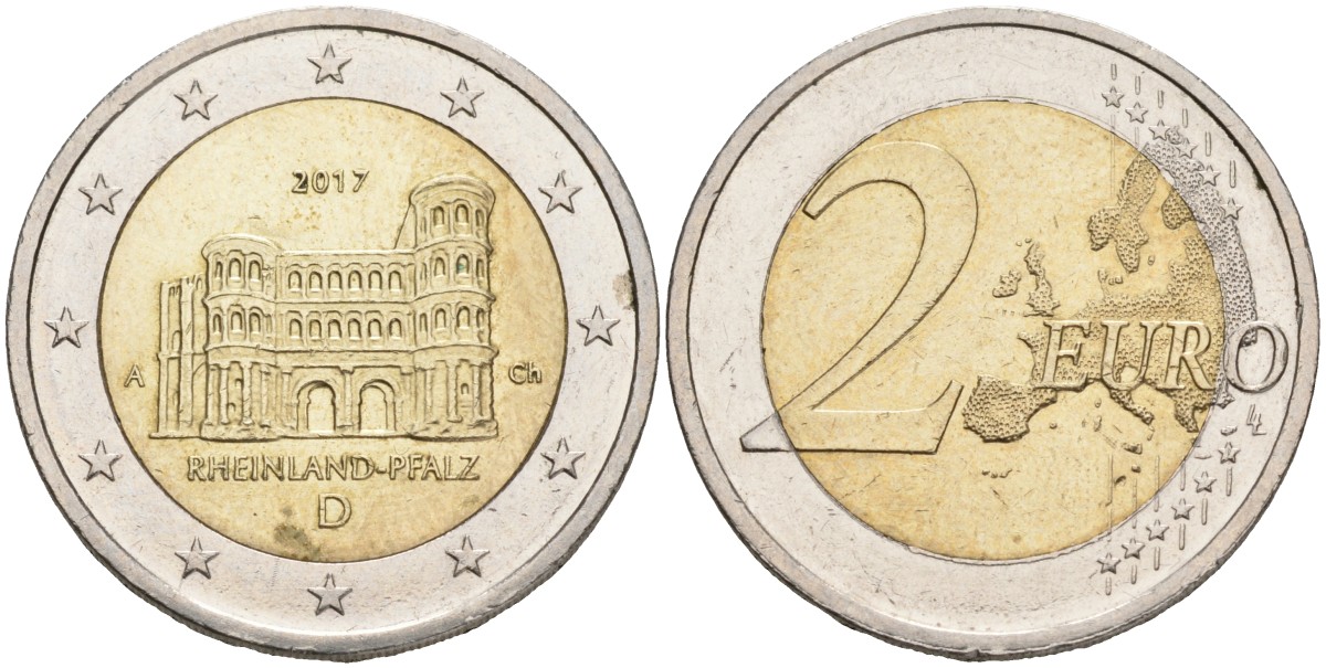 Германия 2 евро 2017 D, серия ФЕДЕРАЛЬНЫЕ ЗЕМЛИ ГЕРМАНИИ, РЕЙНЛАНД-ПФАЛЬЦ KM 356 биметалл 4556-1041