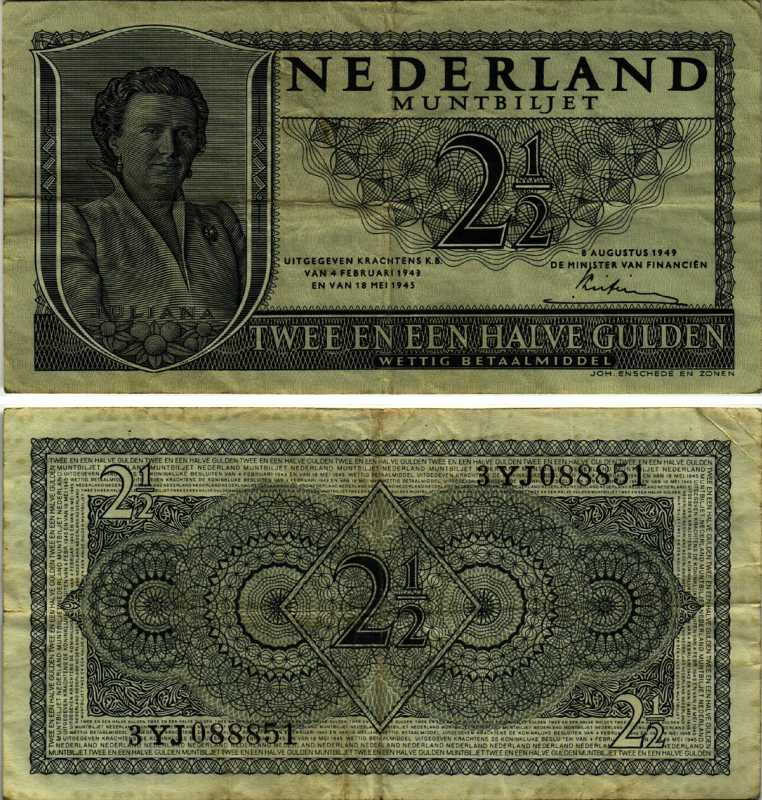 НИДЕРЛАНДЫ 2 1/2 ГУЛЬДЕНА 1949 8 АВГУСТА 1949, КОРОЛЕВА ЮЛИАНА Pick 73 бумага 8564-22-3-1