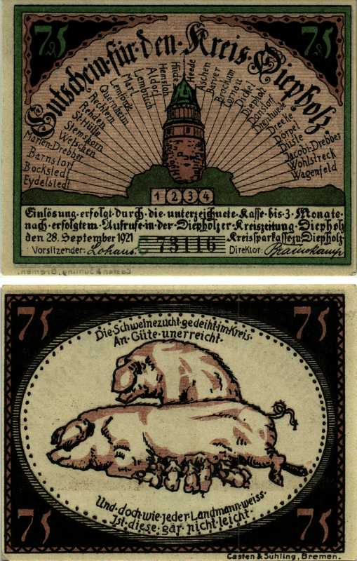 ДИПХОЛЬЦ, ГЕРМАНИЯ 75 ПФЕННИГОВ 1921 НОТГЕЛЬД, ЗЕМЛЯ НИЖНЯЯ САКСОНИЯ, 15 СЕНТЯБРЯ 1921, СЕРИЯ С, BILDER 1 ARNOLD KELLER 273.5 бумага UNC (ПРЕСС) 000-00-00