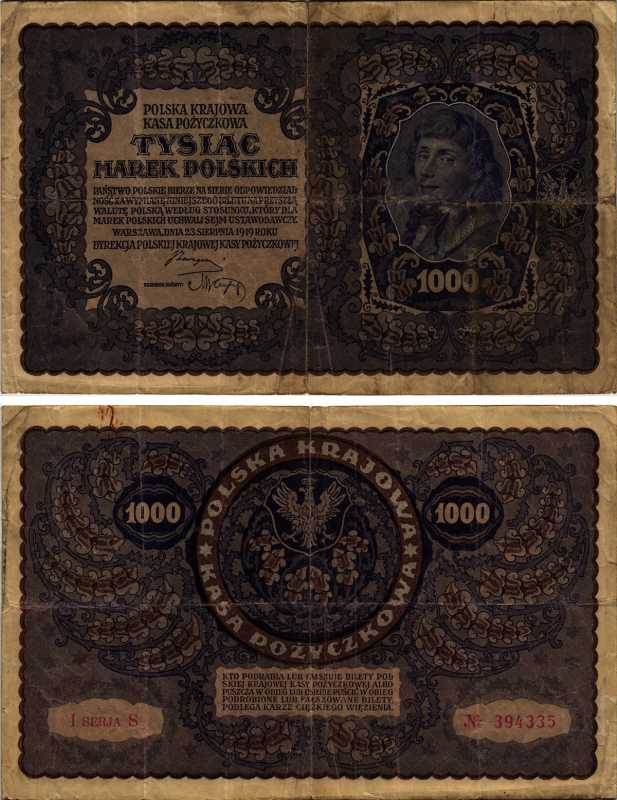 ПОЛЬША 1000 МАРОК 1919 23 АВГУСТА 1919, ТРЕТИЙ ВЫПУСК, ПОРТРЕТ КОСТЮШКО Pick 29 бумага 7487-5-1