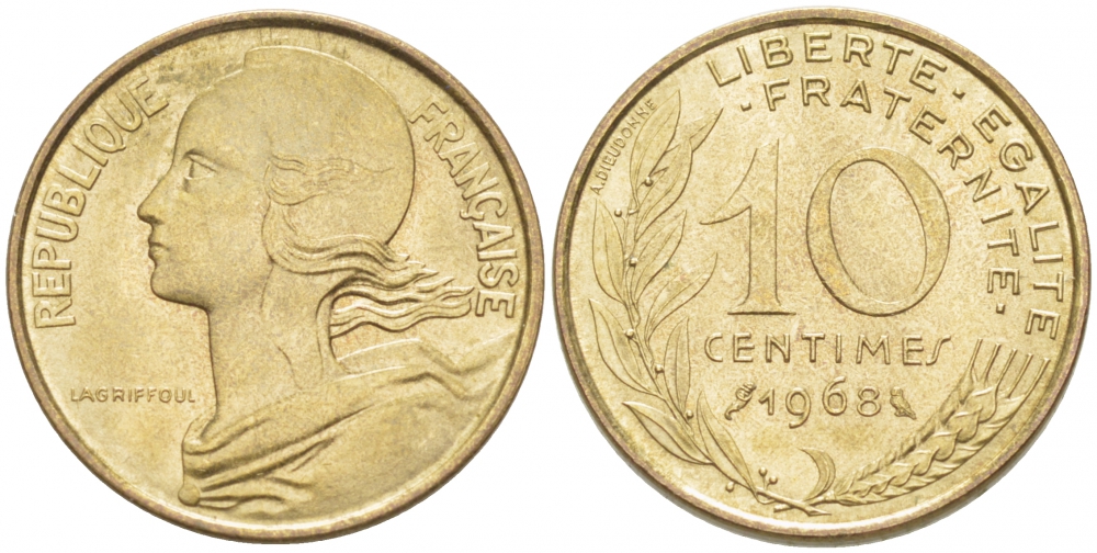 ФРАНЦИЯ 10 САНТИМОВ 1968 ТИП MARIANNE KM 929, LE FRANC 144.8 алюминиевая бронза 3955-637