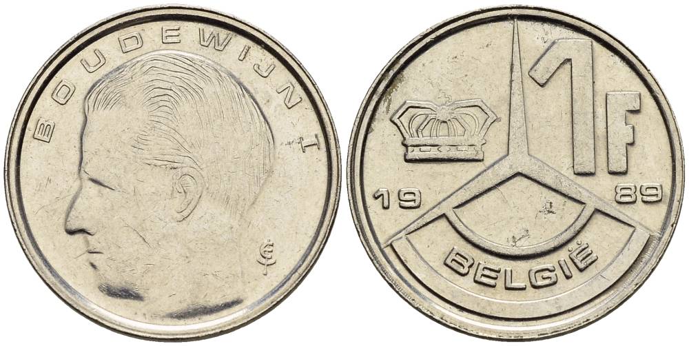 БЕЛЬГИЯ 1 ФРАНК 1989 BELGIE KM 171 сталь плакированная никелем 4528-1046