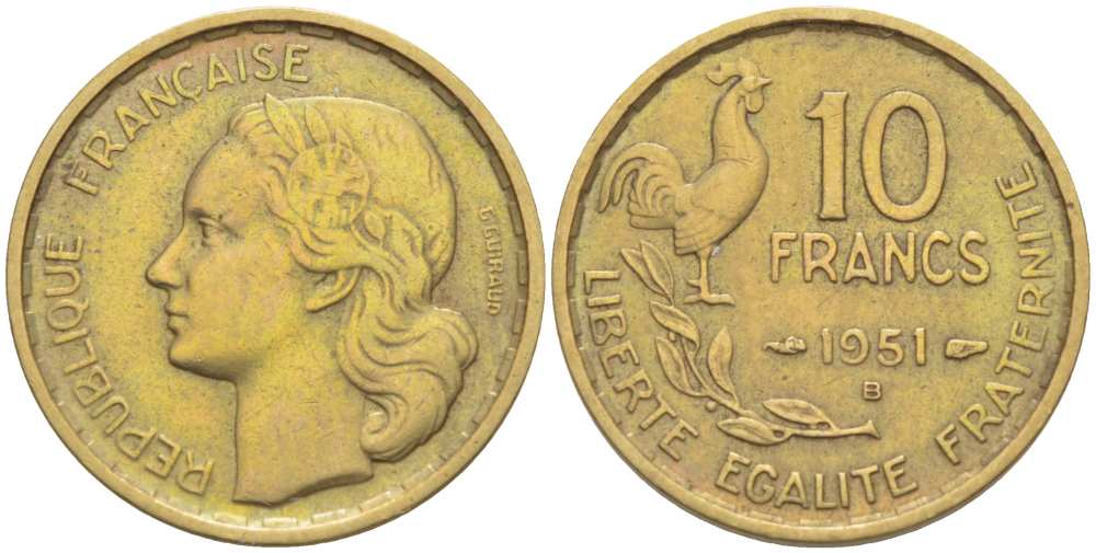 Франция 10 франков 1951 B, петух KM 915.2, Le Franc 363.5 алюминиевая бронза 217-256