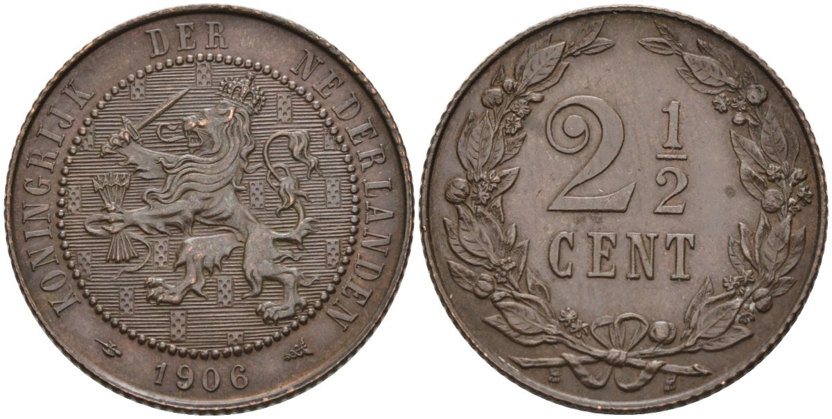 Нидерланды 2 1/2 цента 1906 Вильгельмина (1890-1948) KM 134 бронза 4575-911
