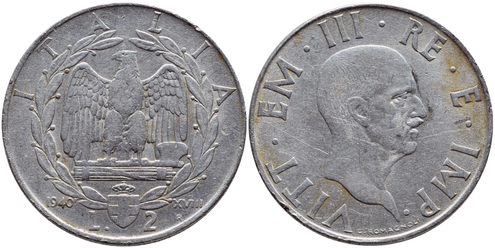 ИТАЛИЯ 2 ЛИРЫ 1940 XVIII ГОД, МАГНИТНАЯ KM 78b сталь 4398-1034