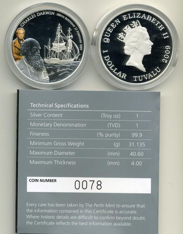 ТУВАЛУ 1 ДОЛЛАР 2009 ЧАРЛЬЗ ДАРВИН, эмаль серебро PROOF Ш2
