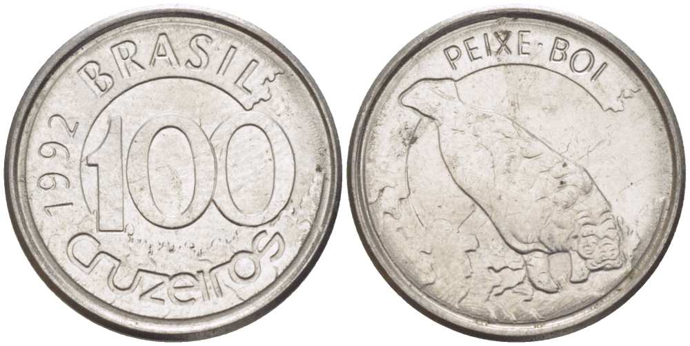 БРАЗИЛИЯ 100 КРУЗЕЙРО 1992 РЕФОРМА 1990-1993, ЛАМАНТИН KM 623 нержавеющая сталь 4392-568