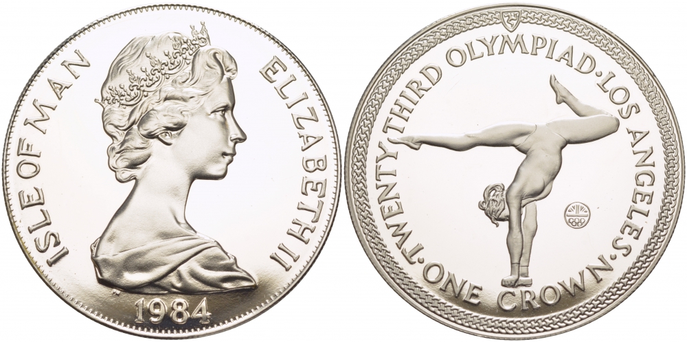 Остров Мэн 1 крона 1984 XXIII летние Олимпийские игры в Лос-Анджелесе 1984 года, художественная гимнастика КМ 119a серебро PROOF 1078-9-43
