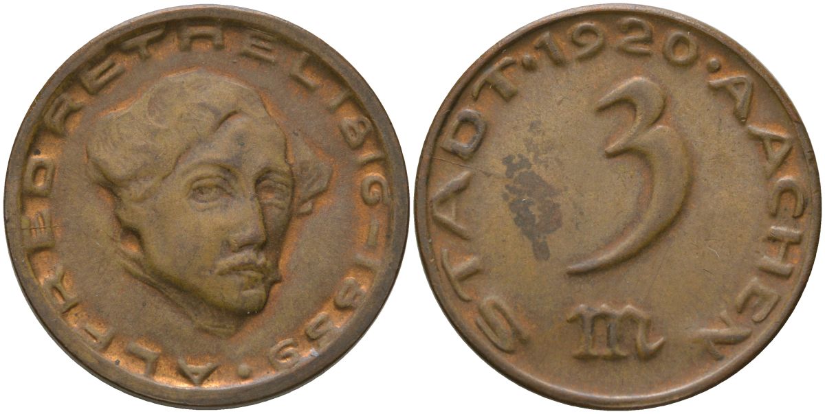Ахен (Пруссия, Рейн) 3 марки 1920 Funck 1.18 латунь 4163-812
