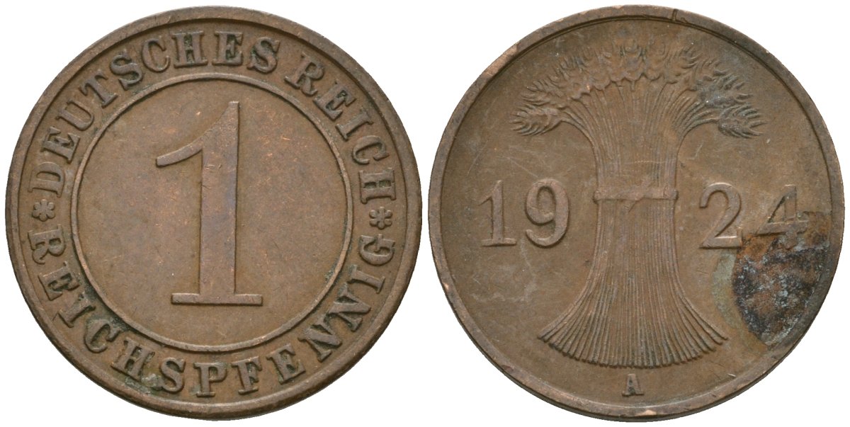 Германия 1 рейхспфенниг 1924 A KM 37, J. 313 бронза 4189-1049