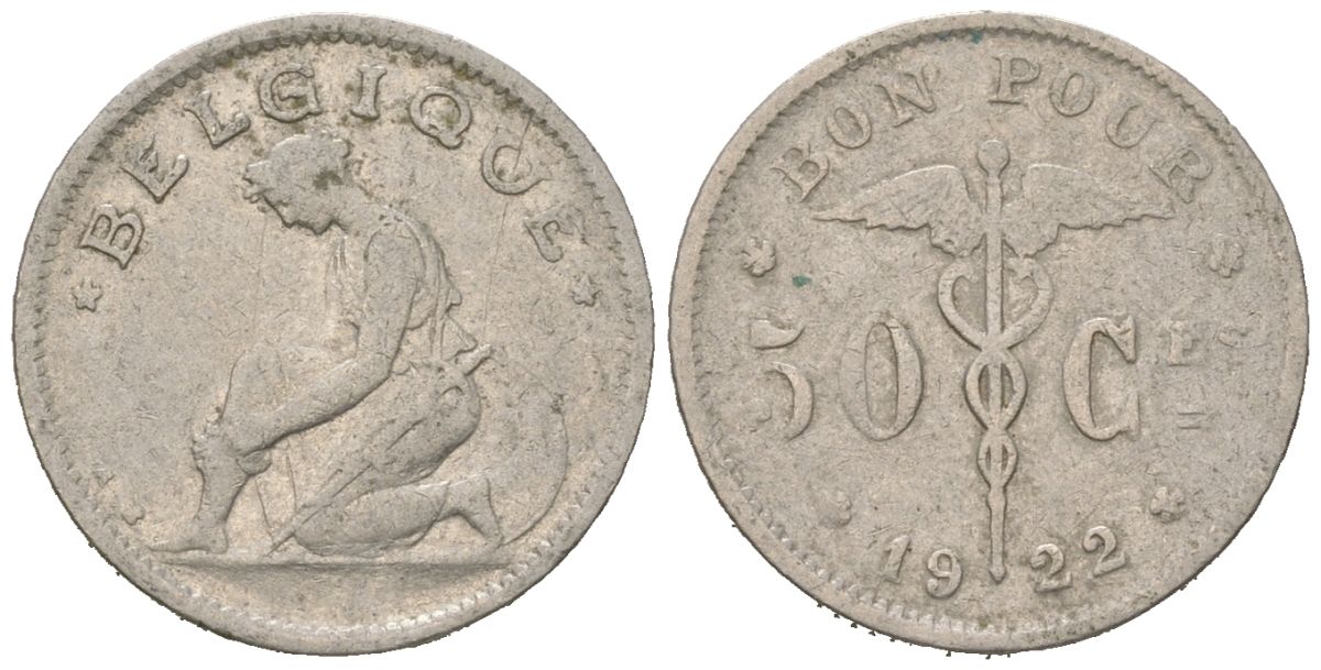 Бельгия 50 сантимов 1922 BELGIQUE, Альберт I (1909-1934) KM 87 никель 4617-712