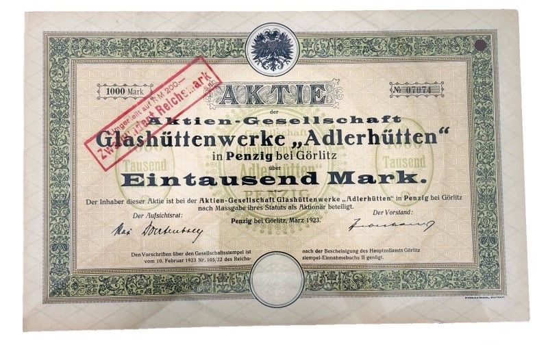 Германия акция в 1000 марок 1923 Акционерное общество стекольных заводов «Glashüttenwerke Adlerhütten» в Пенциге близ Гёрлица бумага 5555-22