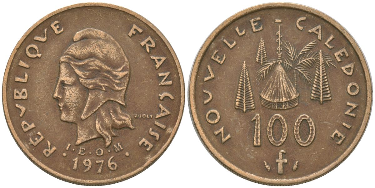 Французская Новая Каледония 100 франков 1976 R·JOLY (с точкой), хижина среди сосен и пальм, (IEOM) KM 15, Schoen 16, Lec 130 никель латунь 4137-636