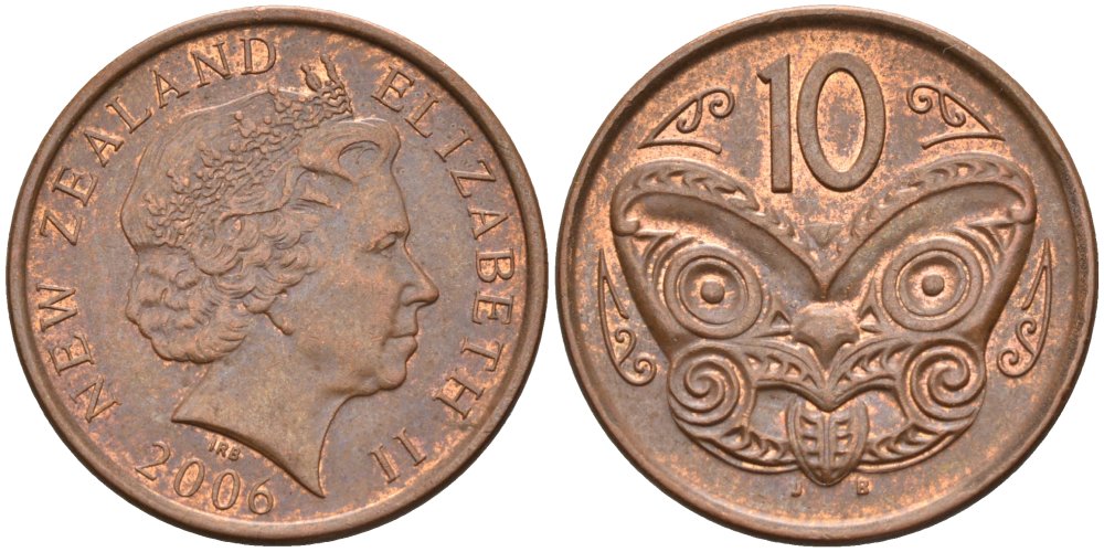 Новая Зеландия 10 центов 2006 маска Маори, Елизавета II (1952-) KM 117а сталь плакированная медью 186-512