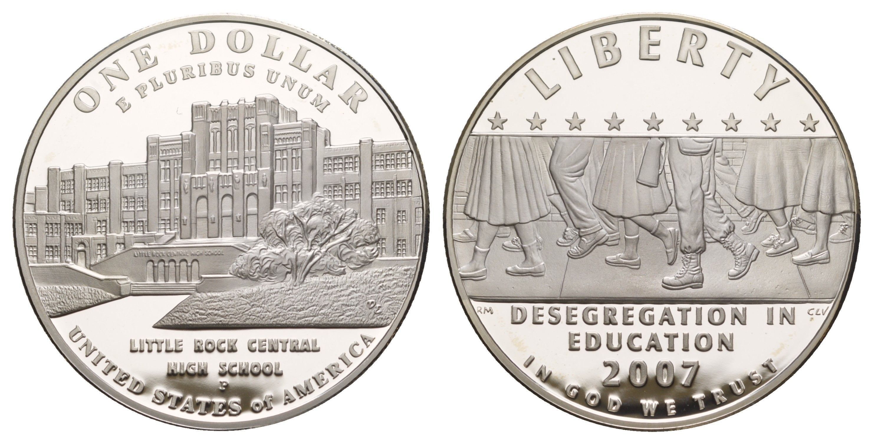 США 1 доллар 2007 P, Десегрегация в образовании - школа в Литл-Рок, в оригинальной коробке, с сертификатом KM 418 серебро PROOF 1-4-3-40