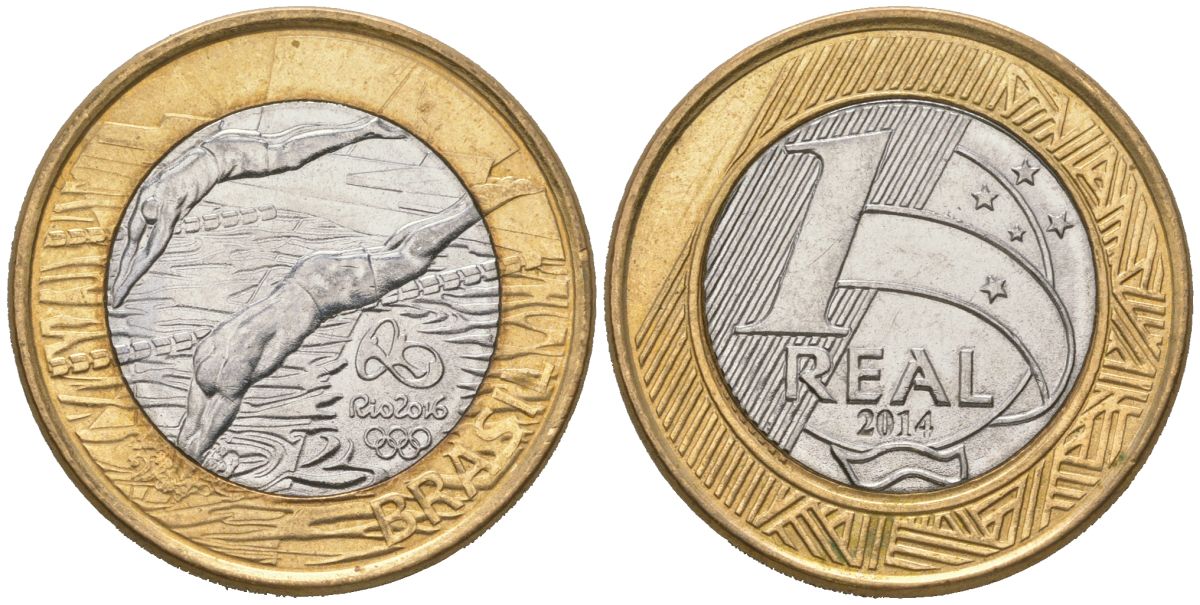 Бразилия 1 реал 2014 XXXI летние Олимпийские Игры, Рио-де-Жанейро 2016 - Плавание KM 688 биметалл UNC 4619-321