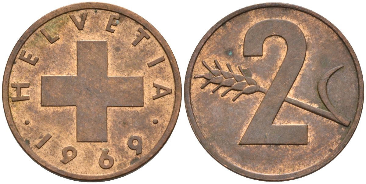 Швейцария 2 раппена 1969 KM 47 бронза 4592-545