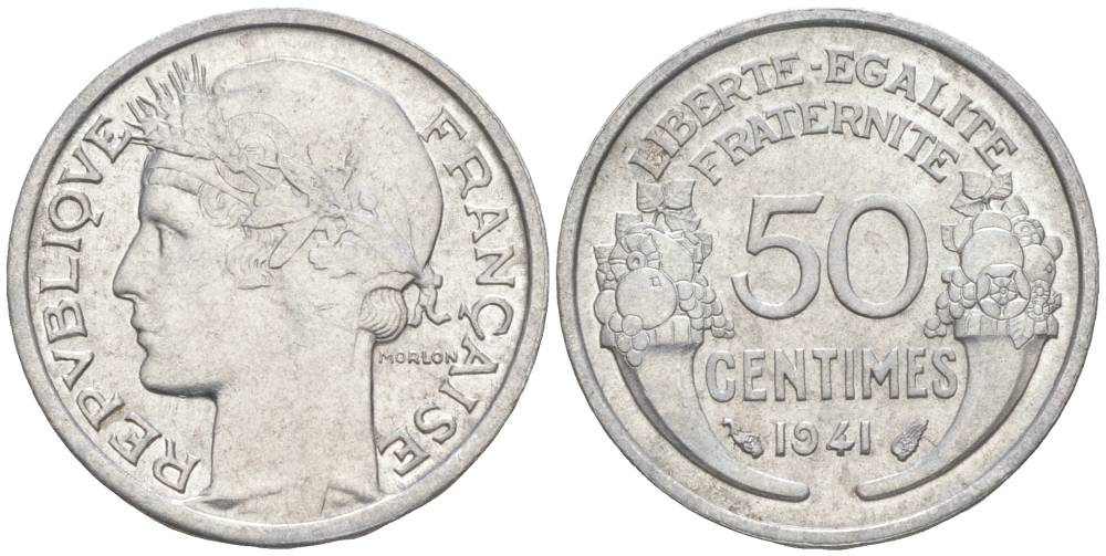 ФРАНЦИЯ 50 САНТИМОВ 1941 ТИП MORLON LOURDE KM 894.1a, LE FRANC 193.2 алюминий 44-213