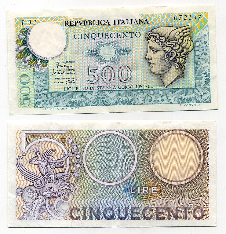Италия 500 лир 1979 Меркурий Pick 94 бумага 6279-3-2-2
