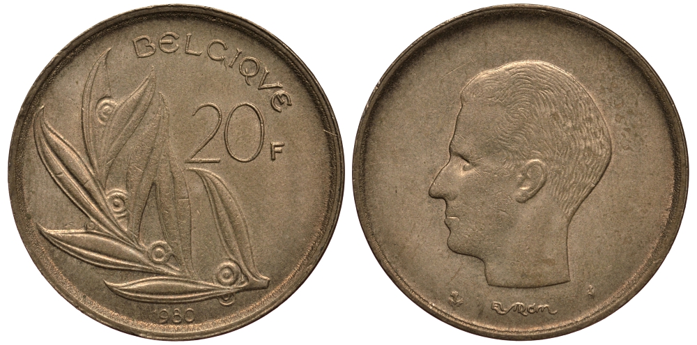 Бельгия 20 франков 1980 Belgique, Бодуэн I (1951-1993) KM 159 никель бронза 4182-634